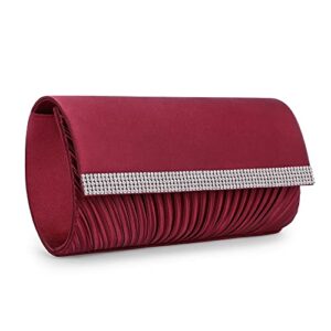 ERIJUNOR E660 Classic Pleated Satin Evening Bags Rhinestone Clutch Purses Party Prom Wedding Crossbody Handbags For Women Burgundy