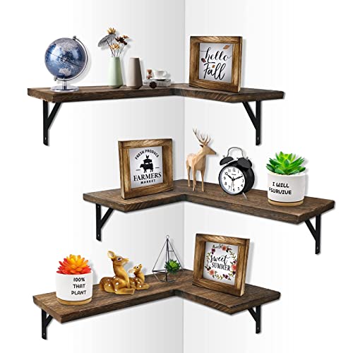 Micovay Corner Wall Floating Shelf Set of 3, Rustic Wood Wall Storage Organizer Shelves Wall Mounted for Bedroom, Living Room, Bathroom, Kitchen, Office, Farmhouse