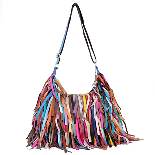 Segater Women Multicolour Hobo Bag Sheepskin Random Patchwork Shoulder Bag Colorful Tassels Handbag Purses