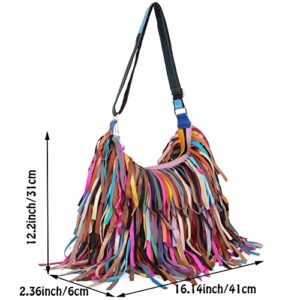Segater Women Multicolour Hobo Bag Sheepskin Random Patchwork Shoulder Bag Colorful Tassels Handbag Purses