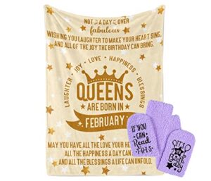 personalized birthday gift baskets for her – women birthday gift ideas, bday gift for women – queens are born in february – flannel throw blanket & socks – mom, bffs, grandma, aunt – 50″x 65″