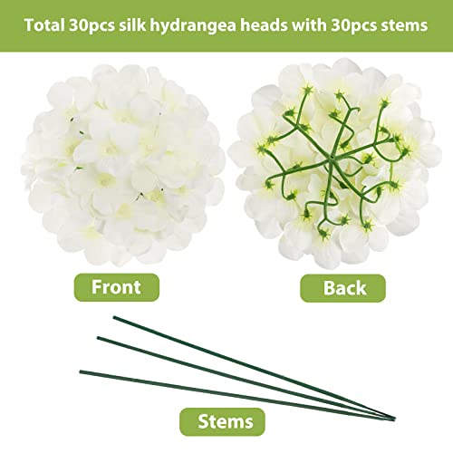 JPSOR 30pcs Artificial Hydrangea Silk Flower Heads with Stems, Fake Flowers for Wedding Centerpiece Home Garden Party Decoration (White)