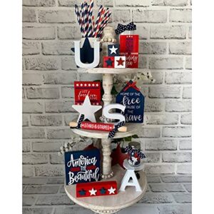 8 pieces patriotic farmhouse tiered tray decor set, rustic wooden home coffee bar mini signs for 4th of july decors, small tiered tray stand vintage items bulk independence day (god bless america-5)
