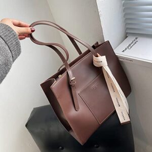 Big Capacity Vintage Vegan Leather Tote for Women Fashion Casual Retro Shoulder Bag Handle Bag Work Bag (Dark brown)