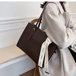 Big Capacity Vintage Vegan Leather Tote for Women Fashion Casual Retro Shoulder Bag Handle Bag Work Bag (Dark brown)