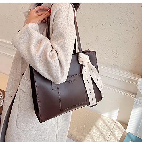 Big Capacity Vintage Vegan Leather Tote for Women Fashion Casual Retro Shoulder Bag Handle Bag Work Bag (Dark brown)