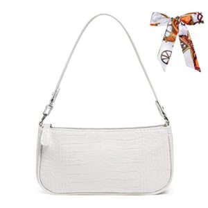 Retro Classic Clutch Bag for Women, Crocodile Leather Underarm Bag Small Purse with Ribbon, Zipper Closure, #2 White