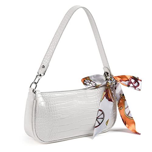 Retro Classic Clutch Bag for Women, Crocodile Leather Underarm Bag Small Purse with Ribbon, Zipper Closure, #2 White