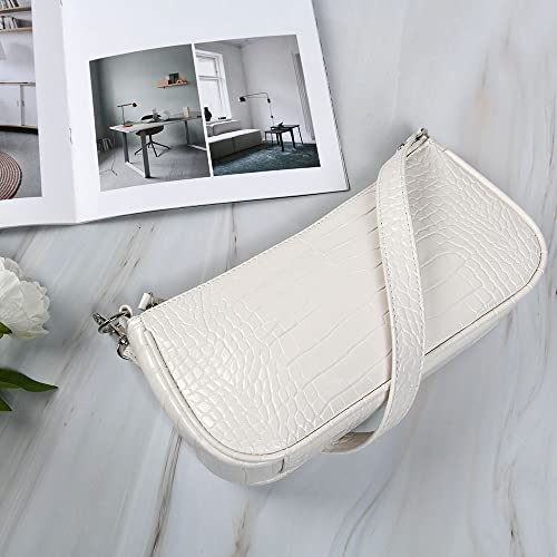 Retro Classic Clutch Bag for Women, Crocodile Leather Underarm Bag Small Purse with Ribbon, Zipper Closure, #2 White