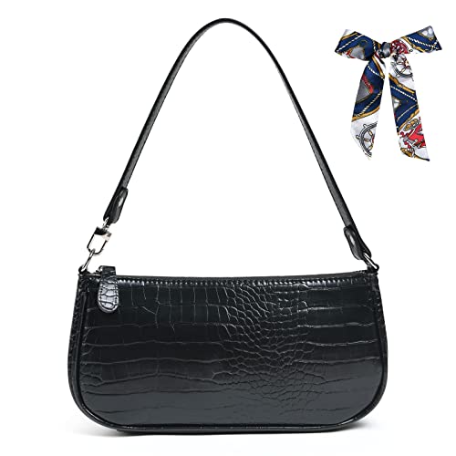 Retro Classic Clutch Bag for Women, Crocodile Leather Underarm Bag Small Purse with Ribbon, Zipper Closure, #1 Black