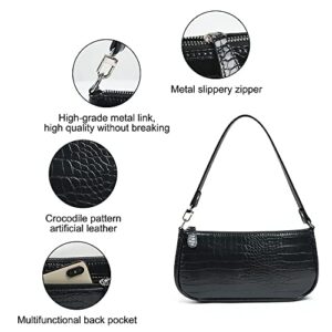 Retro Classic Clutch Bag for Women, Crocodile Leather Underarm Bag Small Purse with Ribbon, Zipper Closure, #1 Black