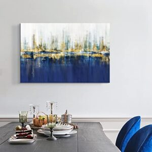 7Fisionart Abstract Wall Art Indigo Blue Canvas Paintings Gold Cityscape Modern Skyline Large Size Picture Artwork Framed for Living Room Bedroom Home Office Wall Decor 36"x24"