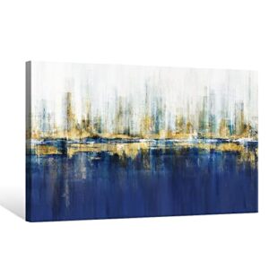 7Fisionart Abstract Wall Art Indigo Blue Canvas Paintings Gold Cityscape Modern Skyline Large Size Picture Artwork Framed for Living Room Bedroom Home Office Wall Decor 36"x24"