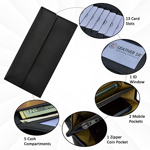 Leather SR Women Leather Wallets RFID Blocking Large Capacity Ladies Tab Clutch Wallet With ID Window Zipper Pocket Multi Card Organizer (Black RFID)