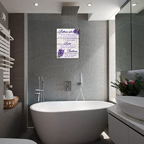 Ladies and gentlemen Bathroom Rules canvas Wall Decor, Lavender purple theme Bathroom Decor Wall Art,Farmhouse Toilet Wall Decor,Rustic Bathroom Funny Rules Prints Signs Framed 12"x15"