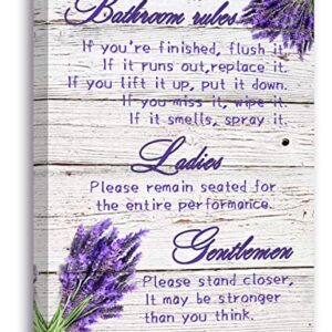 Ladies and gentlemen Bathroom Rules canvas Wall Decor, Lavender purple theme Bathroom Decor Wall Art,Farmhouse Toilet Wall Decor,Rustic Bathroom Funny Rules Prints Signs Framed 12"x15"