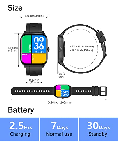 Smart Watch Compatible with iPhone Android Phones 2022, 1.7 inch Watches for Men Women IP68 Waterproof Fitness Tracker with Blood Oxygen/Heart Rate Monitor Sleep Steps Tracker DIY Watch Faces Black