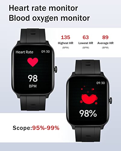 Smart Watch Compatible with iPhone Android Phones 2022, 1.7 inch Watches for Men Women IP68 Waterproof Fitness Tracker with Blood Oxygen/Heart Rate Monitor Sleep Steps Tracker DIY Watch Faces Black