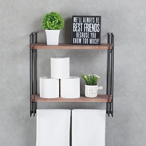 Industrial Pipe Shelving,Iron Shelves Industrial Bathroom Shelves with Towel bar,16.9in Rustic Metal Pipe Floating Shelves Pipe Wall Shelf,2 Tier Industrial Shelf Wall Mounted,Retro Black