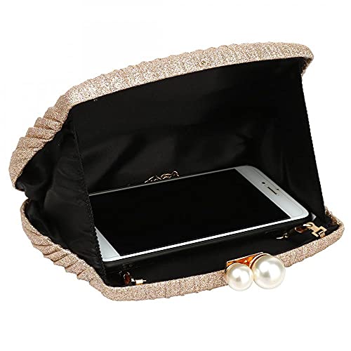 Women Clutch Evening Bags Purses and Handbags Classic Silver Clutch Shoulder Bag with Shoulder Chain (Champagne)