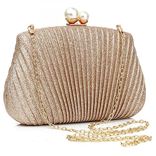 Women Clutch Evening Bags Purses and Handbags Classic Silver Clutch Shoulder Bag with Shoulder Chain (Champagne)