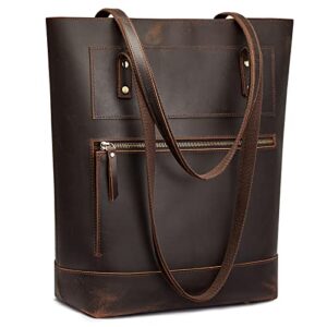 s-zone women genuine leather tote bag vintage shoulder purse handbag with back zipper pocket, large work bag for ladies