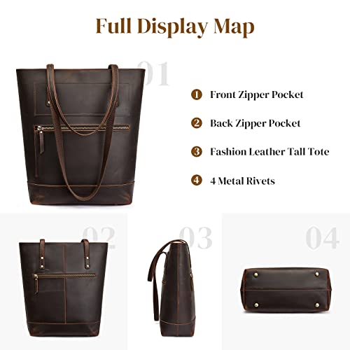 S-ZONE Women Genuine Leather Tote Bag Vintage Shoulder Purse Handbag with Back Zipper Pocket, Large Work Bag for Ladies