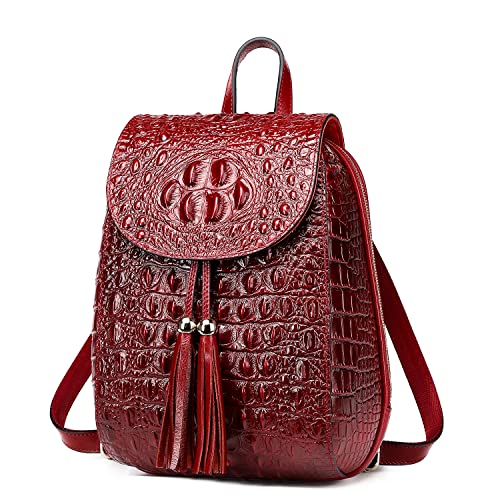 Women Small Genuine Leather Backpack Purse Crocodile Designer Bag (Wine Red)