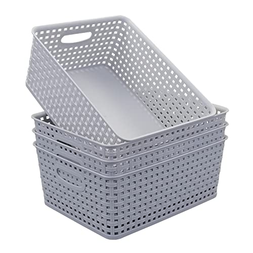 Doryh 4 Packs Plastic Weave Storage Basket Bin, Grey, 6.5 Quart