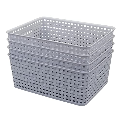 Doryh 4 Packs Plastic Weave Storage Basket Bin, Grey, 6.5 Quart
