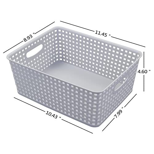 Doryh 4 Packs Plastic Weave Storage Basket Bin, Grey, 6.5 Quart