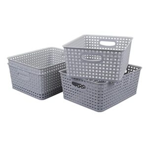 Doryh 4 Packs Plastic Weave Storage Basket Bin, Grey, 6.5 Quart