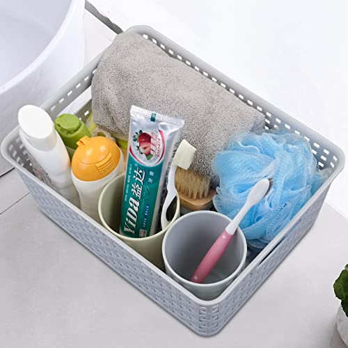 Doryh 4 Packs Plastic Weave Storage Basket Bin, Grey, 6.5 Quart