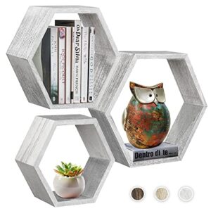 mrgl hexagon floating shelves set of 3, wall mounted honeycomb shelves rustic white