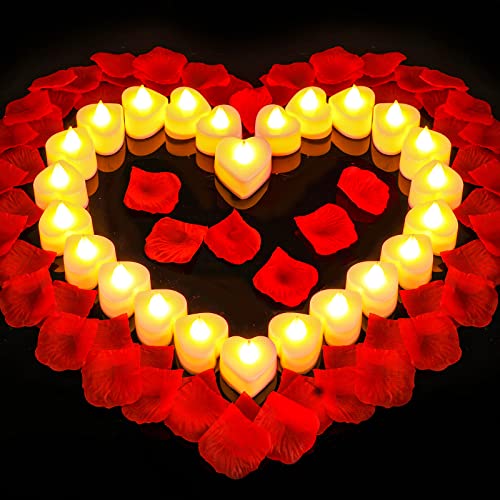 48 Pieces Heart LED Candles Love LED Tealight Candles Flameless Romantic with 2000 Packs Artificial Rose Petals for Romantic Night Valentine's Day Anniversary Decorations