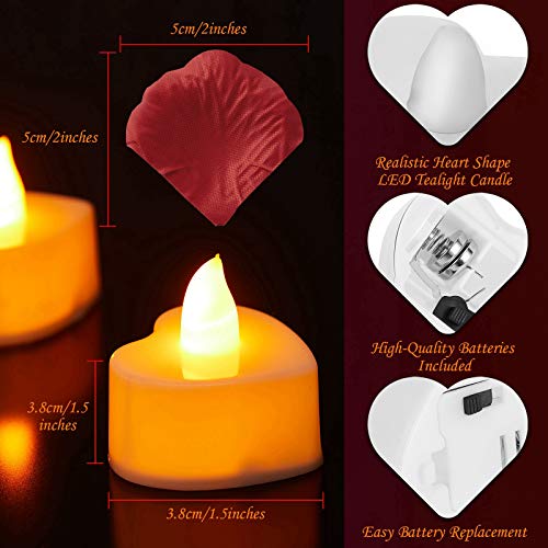 48 Pieces Heart LED Candles Love LED Tealight Candles Flameless Romantic with 2000 Packs Artificial Rose Petals for Romantic Night Valentine's Day Anniversary Decorations