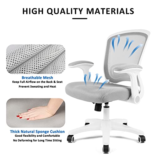 HYLONE Office Chair, White Computer Desk Chair, Mid-Back Task Chair Swivel, Flip-up Arms, Lumbar Support, Adjustable Height, Grey Mesh