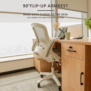 HYLONE Office Chair, White Computer Desk Chair, Mid-Back Task Chair Swivel, Flip-up Arms, Lumbar Support, Adjustable Height, Grey Mesh