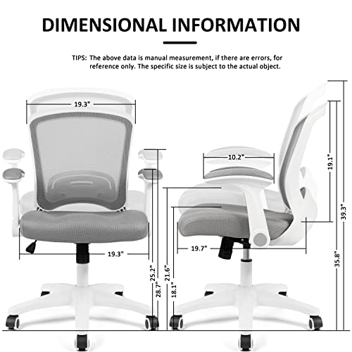 HYLONE Office Chair, White Computer Desk Chair, Mid-Back Task Chair Swivel, Flip-up Arms, Lumbar Support, Adjustable Height, Grey Mesh