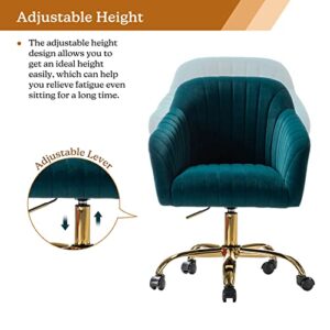 HULALA HOME Velvet Home Office Desk Chair, Modern Cute Computer Task Chair, Wheels Swivel Height Adjustable Upholstered Vanity Chair for Women, Girls (Gold Base, Teal)