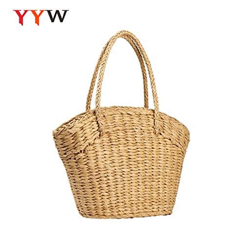 YYW Women Straw Shoulder Bag Summer Beach Handwoven Straw Handbag Vintage Holiday Purse Bag (Khaki)