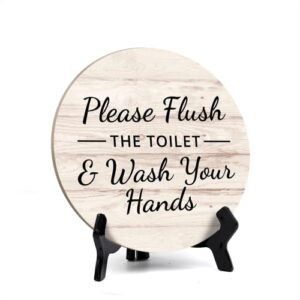 round please flush the toilet & wash your hands, light wood color bathroom table sign with acrylic easel (5 x 5″)