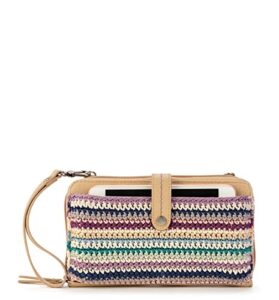 the sak iris large smartphone crossbody bag in hand-crochet & faux leather, detachable wristlet strap, mendocino stripe