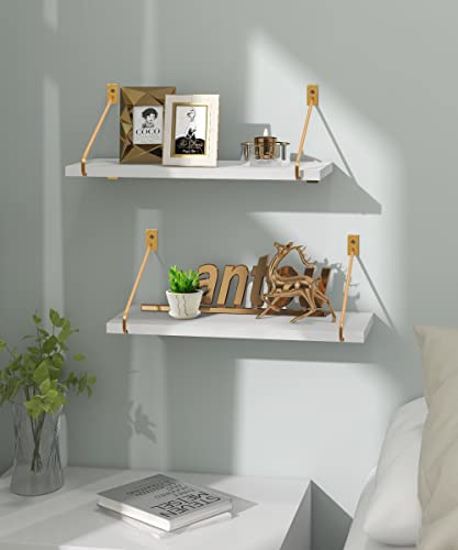 Gronda White Floating Shelves Set of 2, Modern Floating Shelves Wall Mounted with Gold Bracket Wall Shelves for Living Room Bathroom Bedroom Kitchen Office