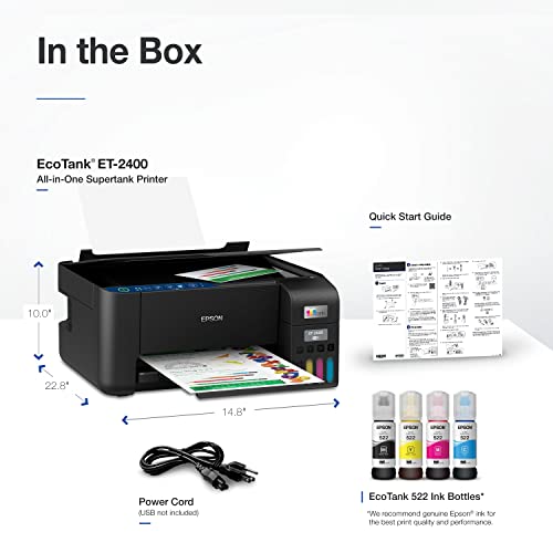 Epson EcoTank ET-2400 Wireless Color All-in-One Cartridge-Free Supertank Printer with Scan and Copy – Easy, Everyday Home Printing