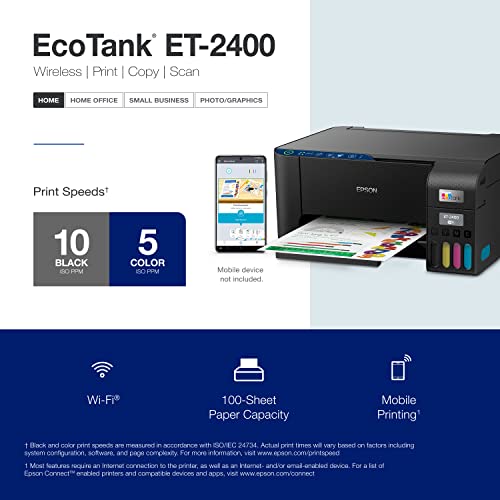 Epson EcoTank ET-2400 Wireless Color All-in-One Cartridge-Free Supertank Printer with Scan and Copy – Easy, Everyday Home Printing