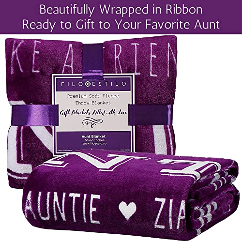 FILO ESTILO Mothers Day Gifts for Aunt from Niece or Nephew, Aunt Throw Blanket, Presents for Aunts for Birthday or Thank You Gift for Auntie, Tia Gifts 60x50 Inches (Purple, Fleece)