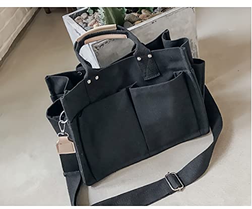 GK-O Women Canvas Handbag Shoulder Bags Simple Multi Pocket Messenger Bag Large Capacity Shoulder Bag Hobo Bag (Black)