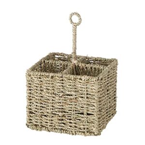 4 compartment basket caddy, bottle and condiment holder, woven wicker over metal frame, seagrass, 10.5 inches