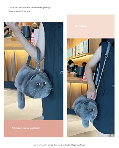 HUIJUFU Realistic Puffy Plush Cat Shaped Crossbody Handbag for Women(Blue Cat)